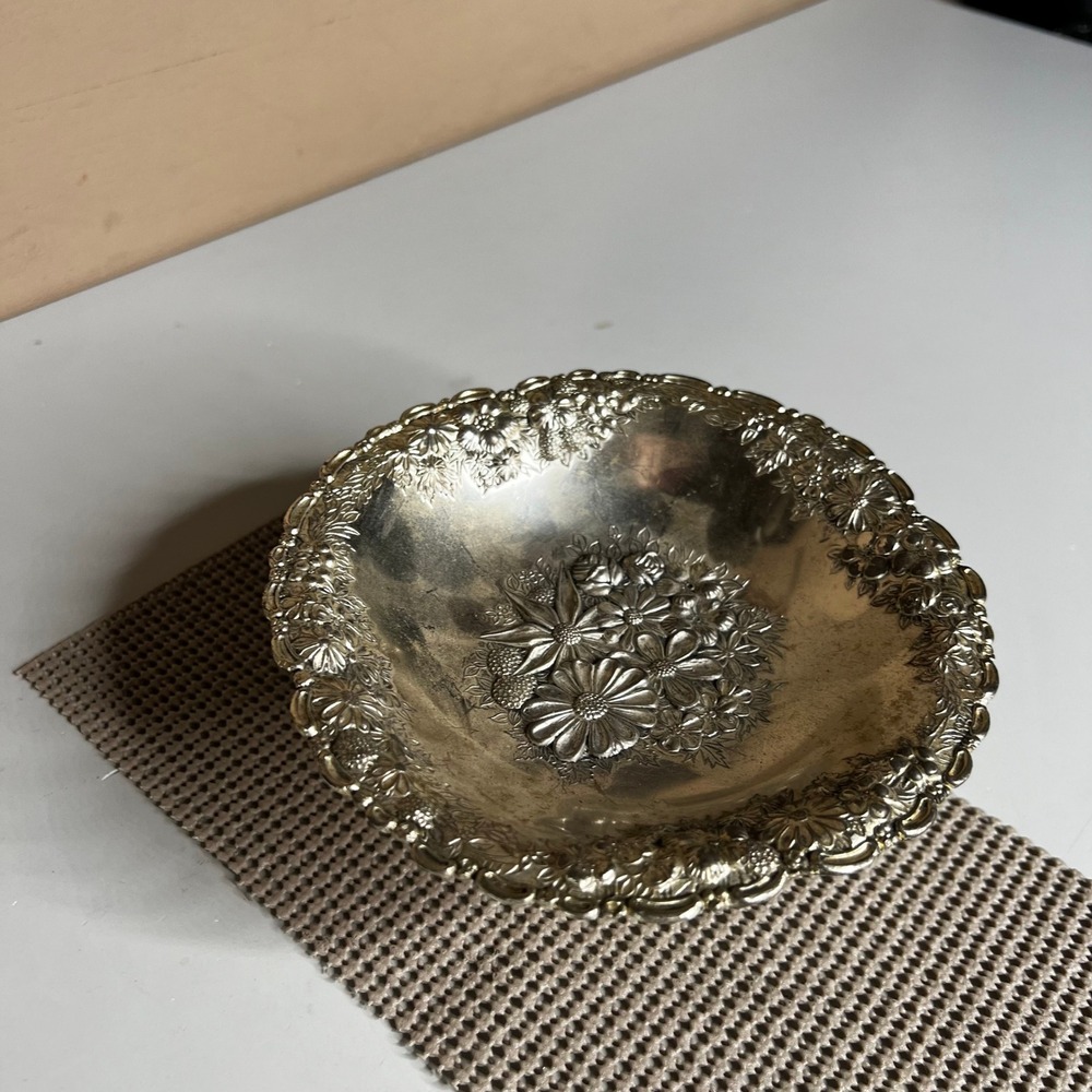 Vintage Silver Tone Embossed Floral Pedestal Bowl Scalloped Footed Candy Dish
